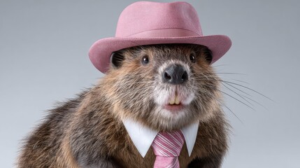 A cute little animal with a pink hat and a pink tie. The animal is wearing a pink hat and a pink tie, giving it a stylish and adorable appearance