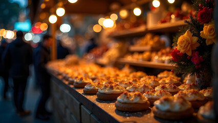 A festive evening market offering Hanukkah treats, traditional food, and holiday decorations. Vibrant atmosphere of a Jewish cultural celebration