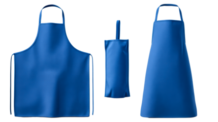 Three blue aprons, one folded in a bag, displayed on a plain background for culinary use or promotional purposes.