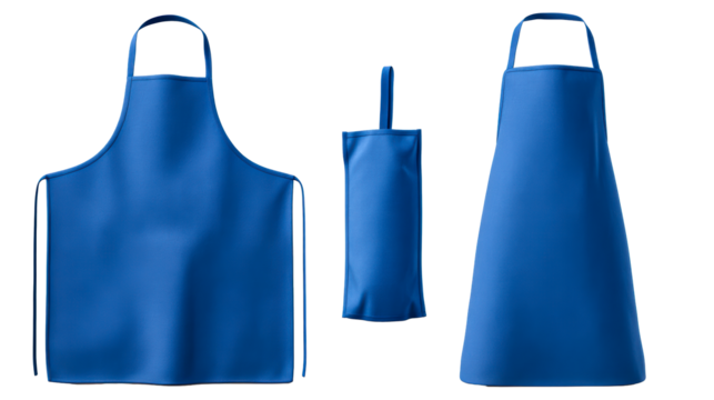 Three blue aprons, one folded in a bag, displayed on a plain background for culinary use or promotional purposes.