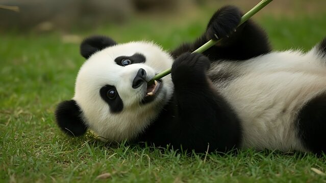 Playful giant panda rolling in grass with bamboo in mouth - Powered by Adobe