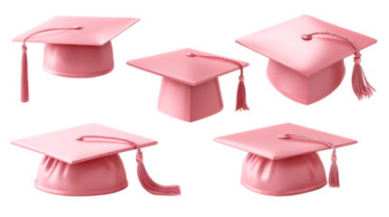 Collection of modern pink graduation caps with tassels displayed from various angles for academic achievement and celebratory purposes