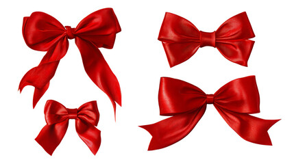 Collection of four vibrant red satin bows with long hanging ribbon tails for holiday season presents special occasions and gift wrapping accents