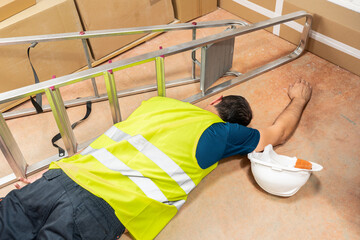 Top view of male worker lying on the floor after a work accident. Fallen ladder lying next to the body.