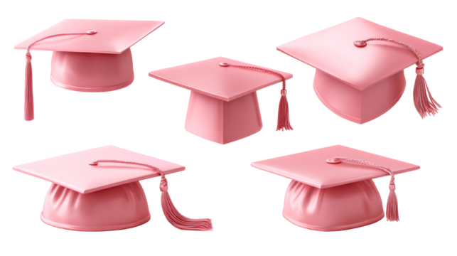 Collection of modern pink graduation caps with tassels displayed from various angles for academic achievement and celebratory purposes