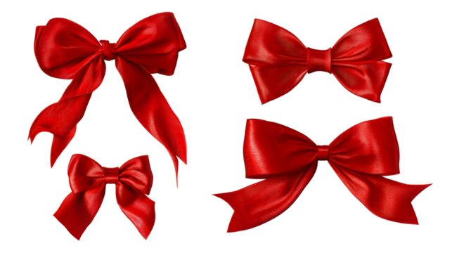 Collection of four vibrant red satin bows with long hanging ribbon tails for holiday season presents special occasions and gift wrapping accents