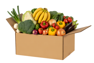 Cardboard box full of colorful fresh vegetables food isolated on transparent background Remove png, Clipping Path, pen tool