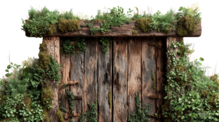 Rustic wooden double doors overgrown with lush green moss and ferns create a magical enchanted portal entrance for naturethemed projects and fantasy scenes.