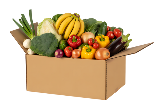 Cardboard box full of colorful fresh vegetables food isolated on transparent background Remove png, Clipping Path, pen tool 
