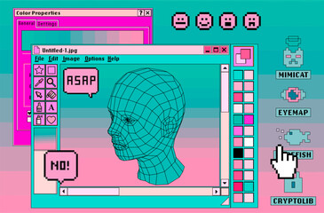 Y2K vaporwave vector scene mimicking an old-school OS desktop with overlapping pink-cyan windows, a wireframe 3D head, pixel speech bubbles saying "ASAP" and "NO!", and retro UI elements.