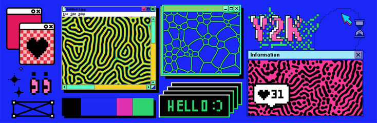 Y2K vaporwave vector desktop collage packed with overlapping retro windows displaying psychedelic patterns, bold "Y2K" text, heart notifications, and glitchy UI elements. 90s web graphics.