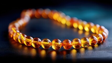 Dainty bracelet made of luminous amber beads shines with its translucent golden texture rich hues
