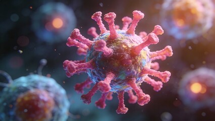 Microscopic 3D rendering of coronavirus cell, pathogenic virus particle and infection disease concept background.