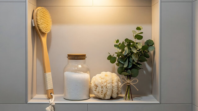 Natural self-care essentials in a serene bathroom niche wooden body brush, mineral bath salts, loofah, and eucalyptus for a tranquil home spa and wellness routine