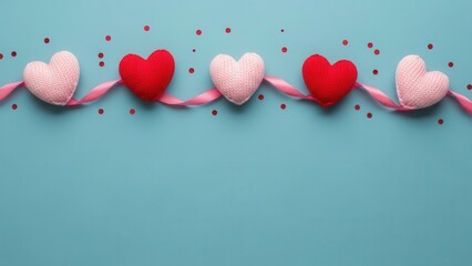 Five knitted hearts red and pink on pink ribbon with red confetti love valentine