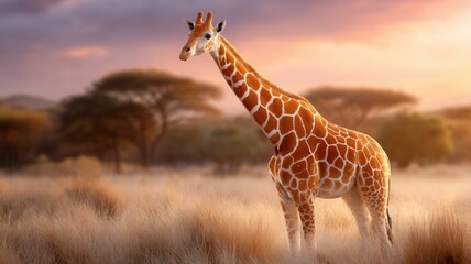 Giraffe standing tall in golden savanna grass at sunset against a colorful sky, tranquil wildlife scene african