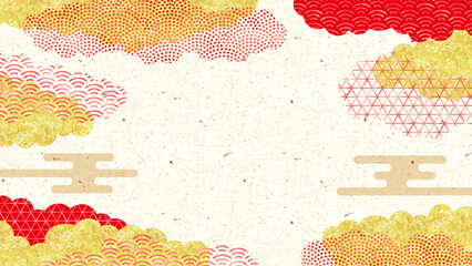 和柄の青海波に和紙を使用した華やかな和風デザイン。水彩テクスチャ背景。Watercolor Japanese Pattern Texture