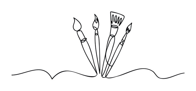 Four different types of paint brushes shown from a low angle, arranged to create a feeling of creativity and inspiration, perfect for projects related to the arts and crafts industry.
