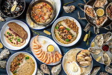 Top view seafood restaurant dishes assortment