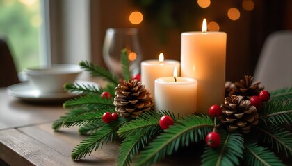 Christmas centerpiece featuring three lit pillar candles, pine branches, cones, and red berries on a wooden dining table.