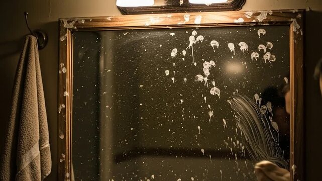 Messy bathroom mirror video with toothpaste and fingerprints detail