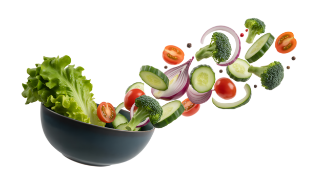 Fresh salad. Mixed falling vegetables in bowl on transparent background 
