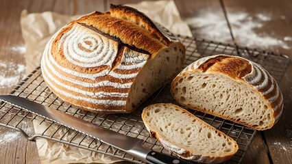 Golden-crusted, freshly baked sourdough bread, artfully scored and sliced, offering a rustic homemade delight on a wooden surface