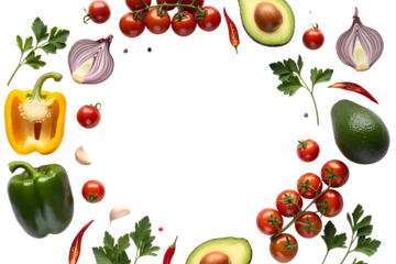 Fresh variety vegetables, spices and herbs frame. Place for text or recipe, transparent background 

