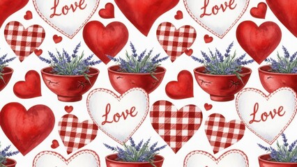 Red hearts and lavender in red bowls on white background love