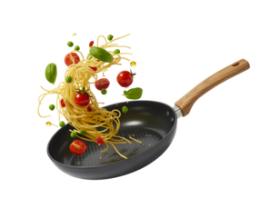Cooking Italian pasta with vegetables flying over a hot frying pan isolated in white. 
