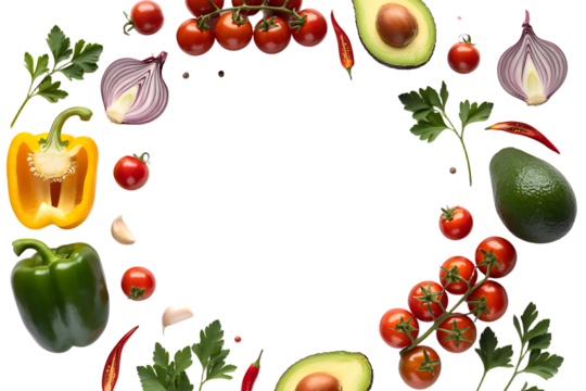 Fresh variety vegetables, spices and herbs frame. Place for text or recipe, transparent background 
 - Powered by Adobe