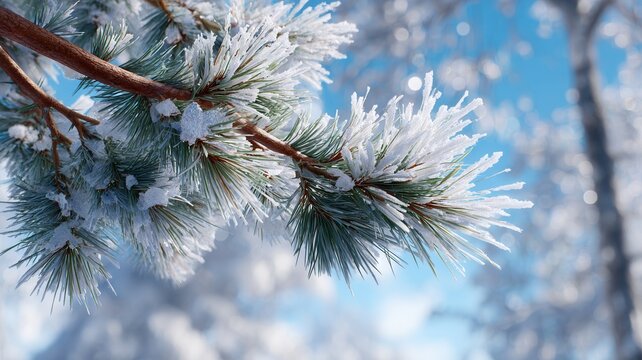 Pine tree branch covered in fresh snow and sparkling frost during a bright, cold winter day with clear sky blue