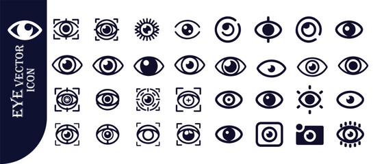 Diverse collection of eye icons, featuring various styles including camera and target focus symbols