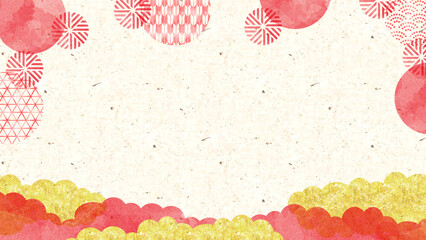 正月・お祝い・季節の贈り物に使える上品で雅な和風壁紙。青海波・矢絣・籠目・和紙を使用した水彩風の華やかな和風デザイン。Modern Japanese Red and Gold Background