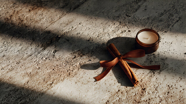 A minimal fall gesture with a cinnamon ribbon bundle placed near a candle on textured concrete