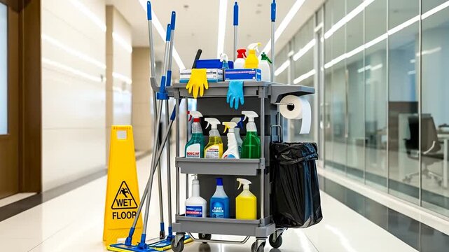Corporate cleaning crew maintains sanitized office for healthy workspace