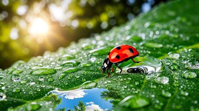Ladybug rests on a vibrant, wet leaf after the rain, nature's beauty