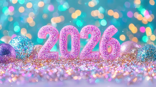 Sparkling 2026 numbers on glitter background, celebrating new year and future holidays lights bokeh with festive