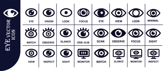 Eye vector icon set for vision, look, focus, watch, observe, glance, scan, inspect, sight, monitor
