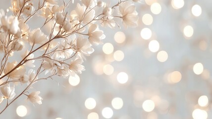 Delicate dried flowers on branches with soft bokeh light background creating elegant festive an atmosphere