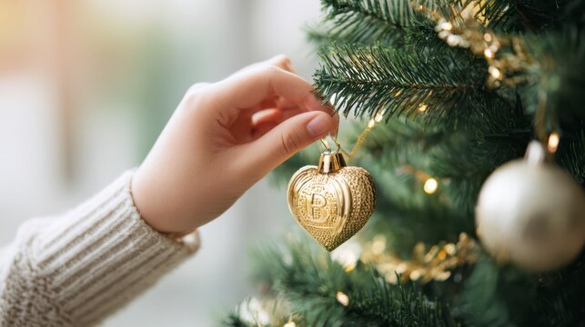 Heart Ornament: A hand tenderly places a golden heart ornament on a lush Christmas tree, evoking feelings of warmth, love, and festive cheer. - Powered by Adobe