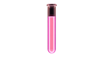 A clear test tube filled with a pink liquid against a stark black background in a laboratory setting