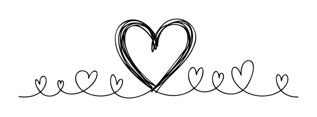 Continuous line drawing of interconnected hearts creating a playful and loving composition for romantic themes, Valentines Day, or expressions of affection in marketing materials.