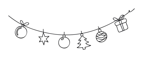 Naklejka premium Delightful hand drawn Christmas garland with baubles, star, tree, and gift box suspended on a string, perfect for festive season decoration and greeting projects