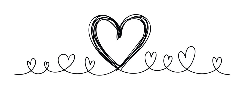 Continuous line drawing of interconnected hearts creating a playful and loving composition for romantic themes, Valentines Day, or expressions of affection in marketing materials.