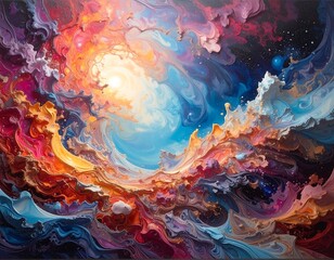 Colorful abstract painting featuring swirling clouds and light emanations with depth