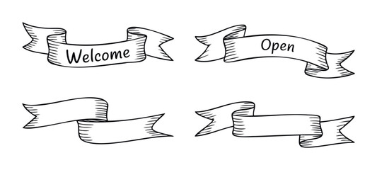 Set of handdrawn ribbon banners with words like Welcome and Open, perfect for adding a personal touch to announcements, signs, and decorative projects.