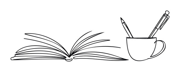 Minimalist black and white line drawing of an open book with a mug holding pens, ideal for educational or studyrelated concepts and projects