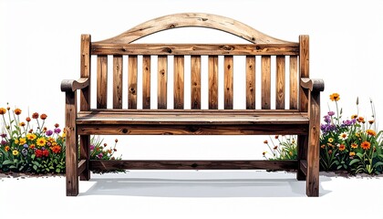 “Wooden garden bench surrounded by lush greenery and colorful flowers on paved path”