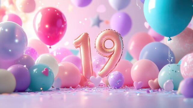 Rose gold foil number 19 balloon celebrating birthday or anniversary with balloons and confetti sparkling pastel